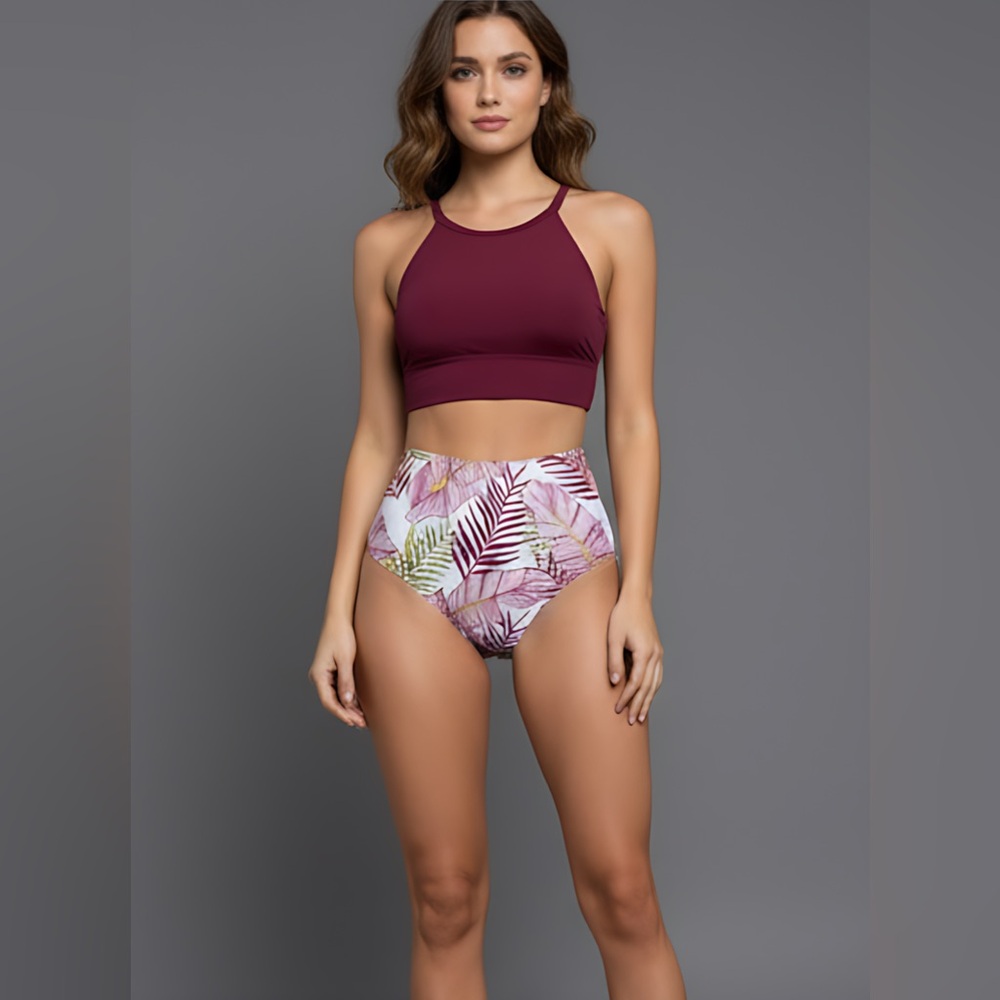 Burgundy Print High Waisted Bikini
